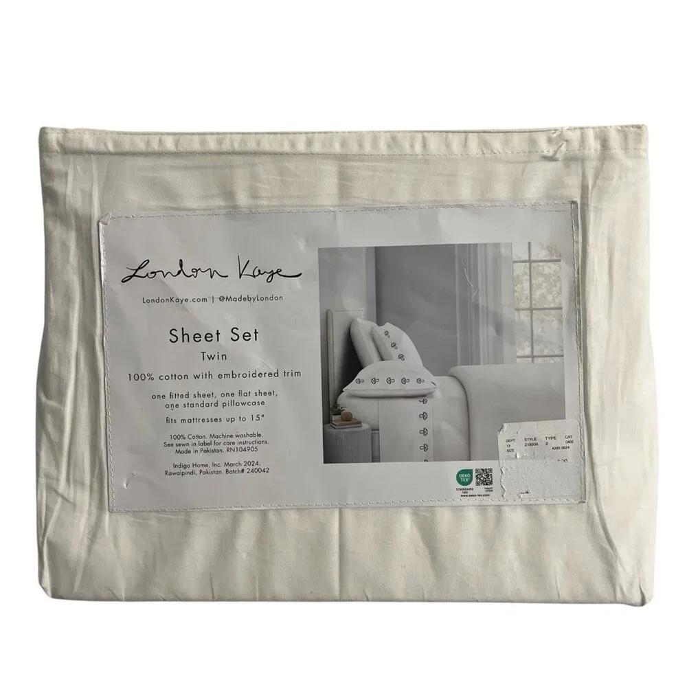 London Kaye Twin Sheet Set Green Mushroom Embroidered White Cotton 70s Retro‎